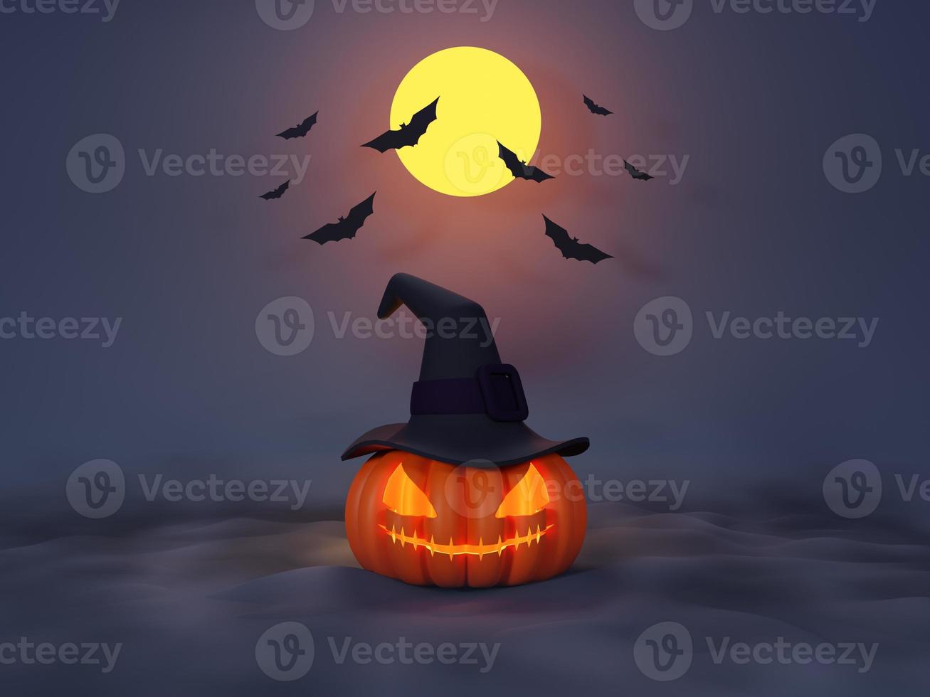 3d Render, Happy Halloween Day background with night scene and cute spooky design. Halloween pumpkins, skull, ghost and spider decorations on dark purple background. Trick or Treat party celebrate. photo