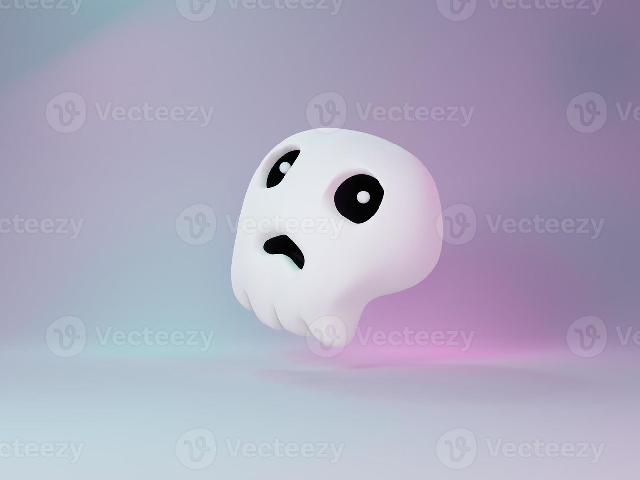 3d Render,Halloween White Skull Ghost Haunt with White Modern Design and neon light. Happy Halloween Day background with night scene and cute spooky design. Trick or Treat party celebrate. photo