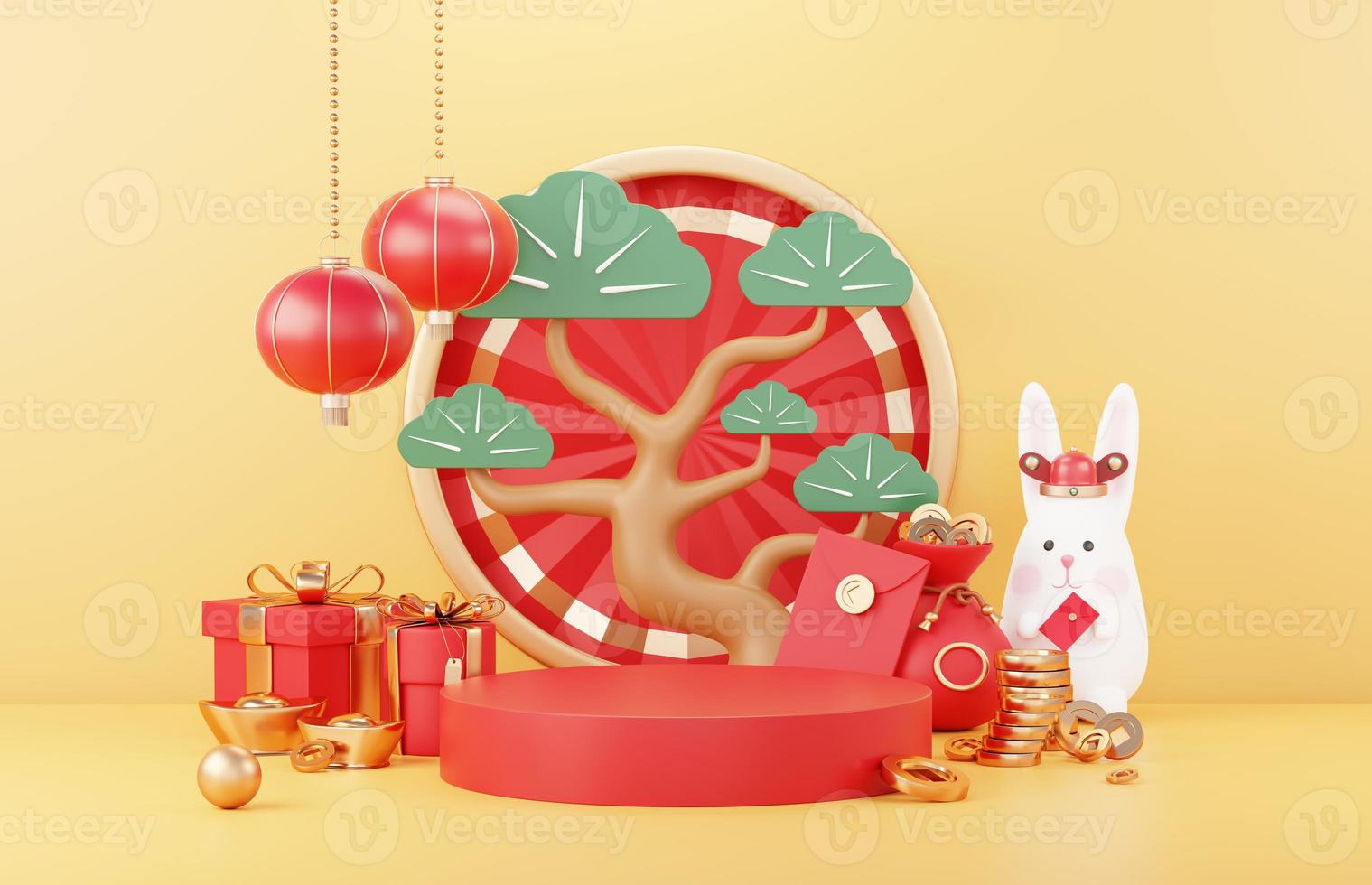 Happy Chinese new year 2023 with the year of Rabbit. Traditional Podium for showing product. Lunar new year red background decorate with Chinese texture, gold, coins, and zodiac sign. 3D render. photo