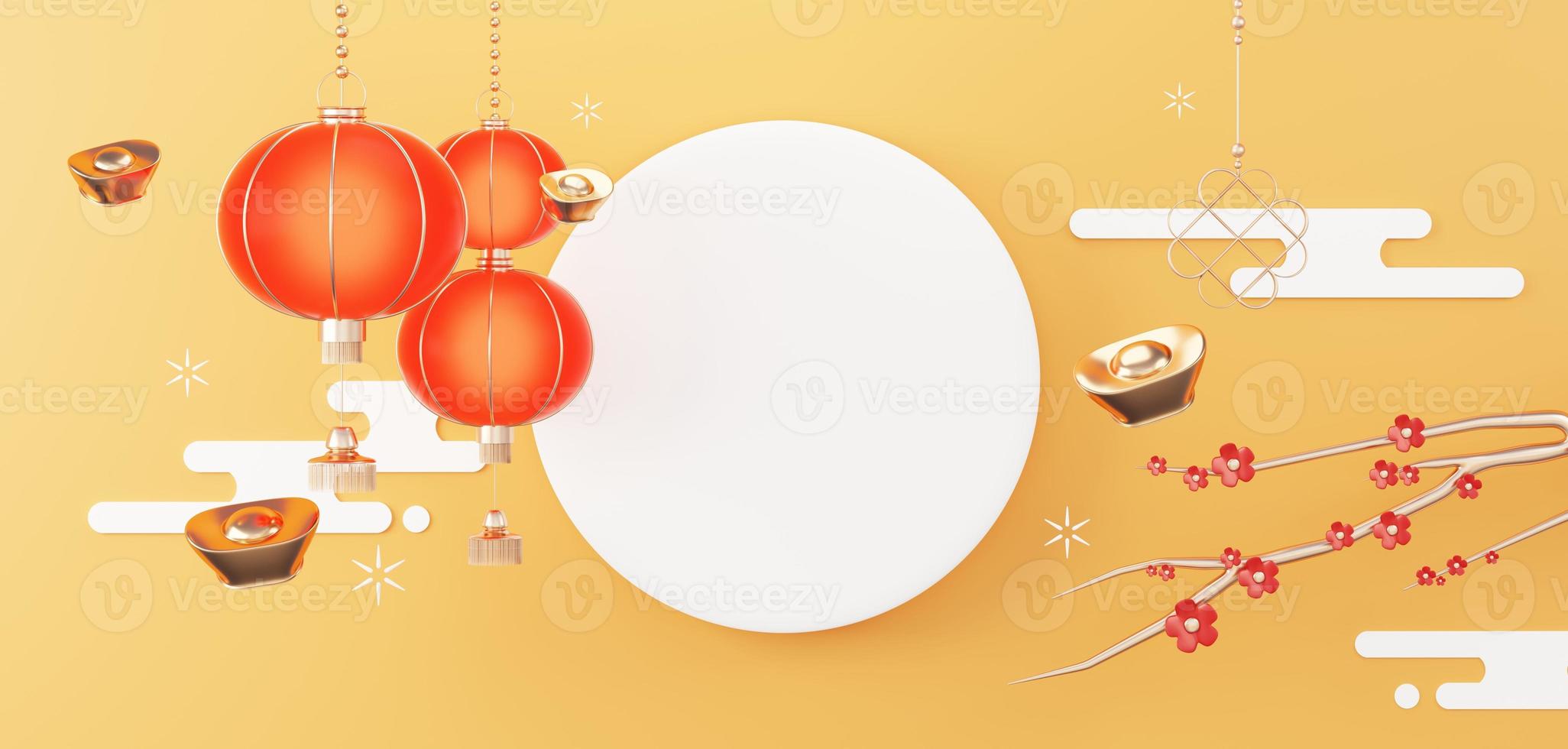 Happy Chinese new year 2023 with the year of Rabbit background. Top view White blank circle frame for showing product. Lunar new year with Chinese texture, gold, coins, and zodiac sign. 3D render. photo