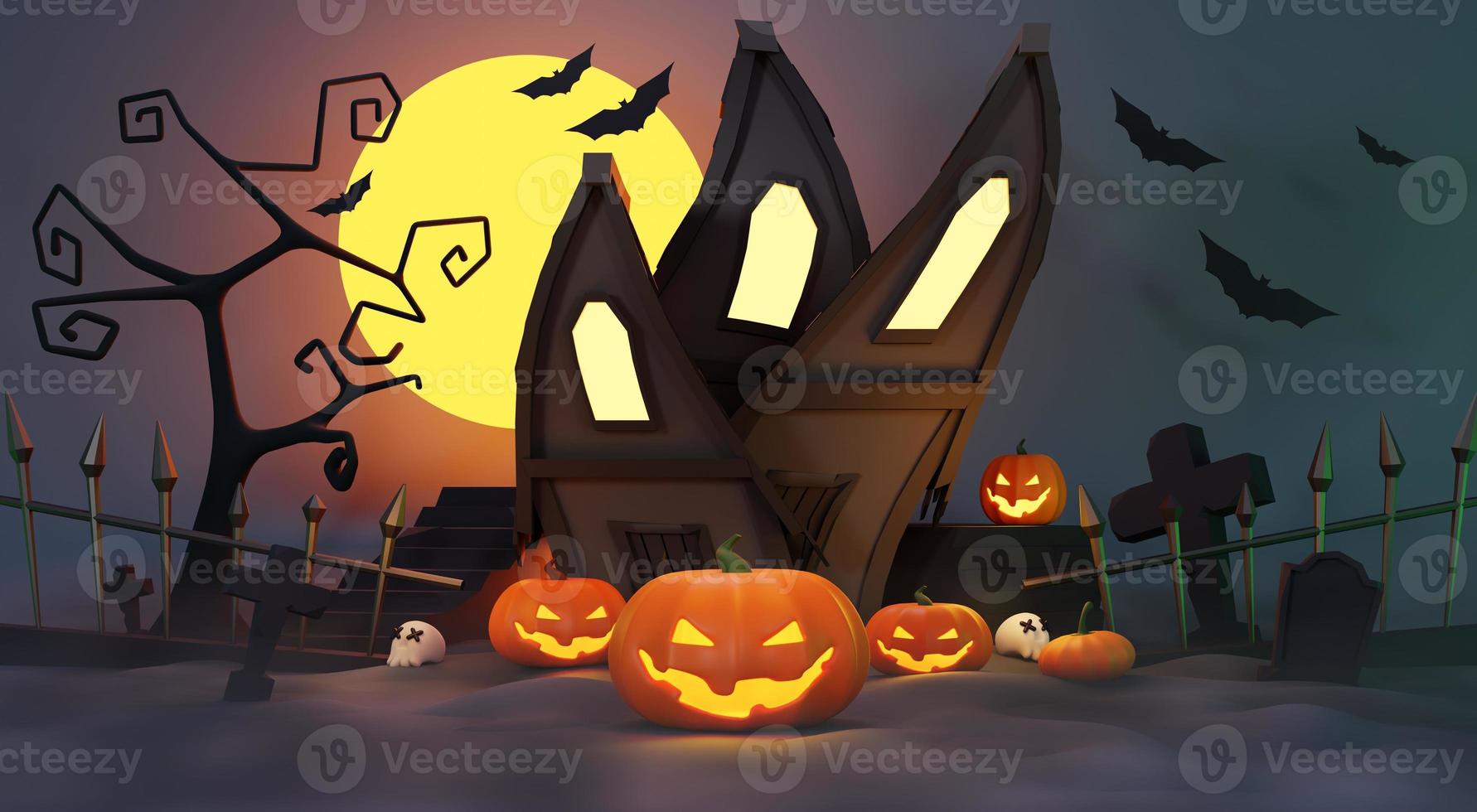 3d Render, Happy Halloween Day background with night scene and cute spooky design. Halloween pumpkins, skull, ghost and spider decorations on dark purple background. Trick or Treat party celebrate. photo