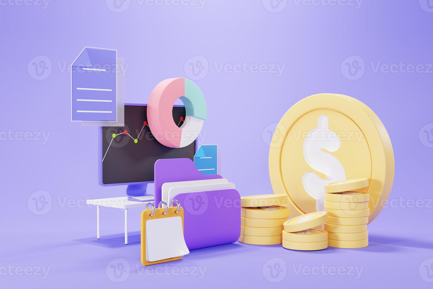 3d render of Computer Monitor screen with graph, coins, document and book note on purple pastel background. Minimal design concept. photo