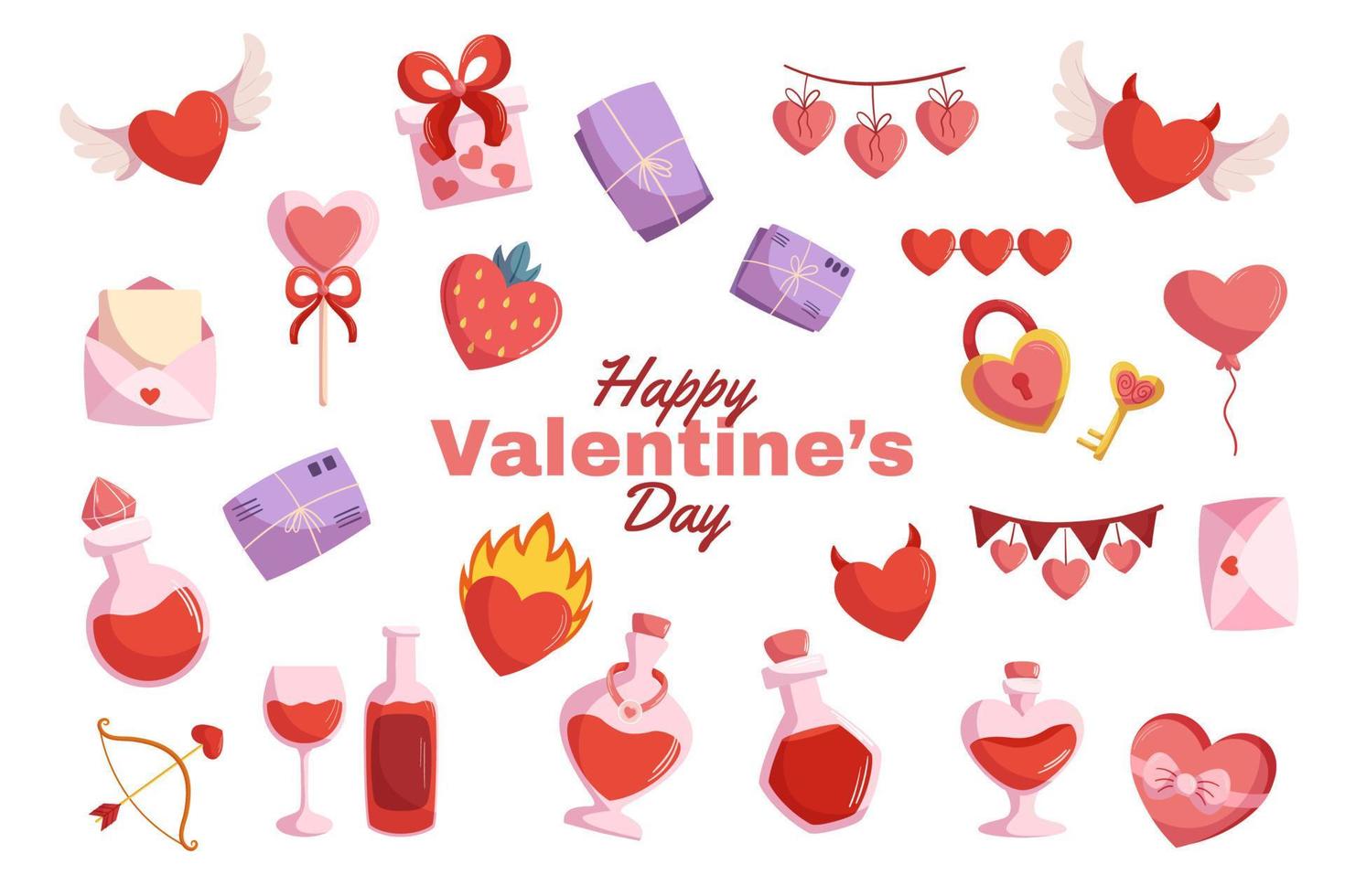 Valentines day big collection with festive elements - love potion bottles, different hearts with wing flame, letters and envelop. Vector cartoon style illustration