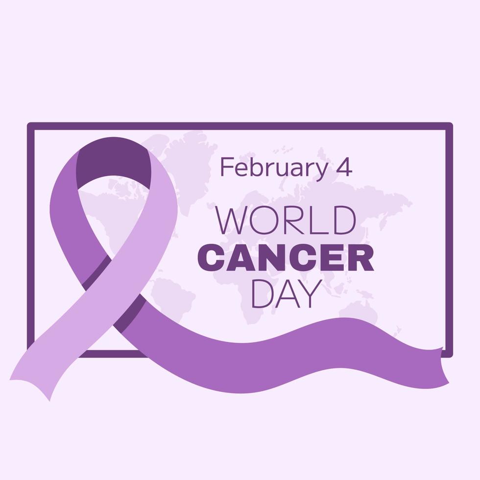 día mundial de concientización sobre el cáncer 4 de febrero. símbolo de cinta lila o púrpura del cáncer con mapa mundial en la parte posterior. detener la campaña de cáncer plantilla cuadrada de atención médica para redes sociales o sitio web vector