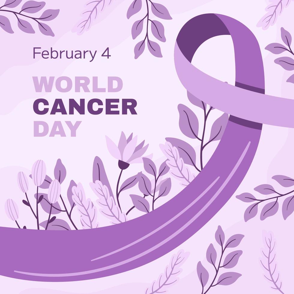 día mundial de concientización sobre el cáncer 4 de febrero. símbolo de cinta lila o púrpura de cáncer con flores y hojas. detener la campaña de cáncer plantilla cuadrada de atención médica para redes sociales o sitio web vector