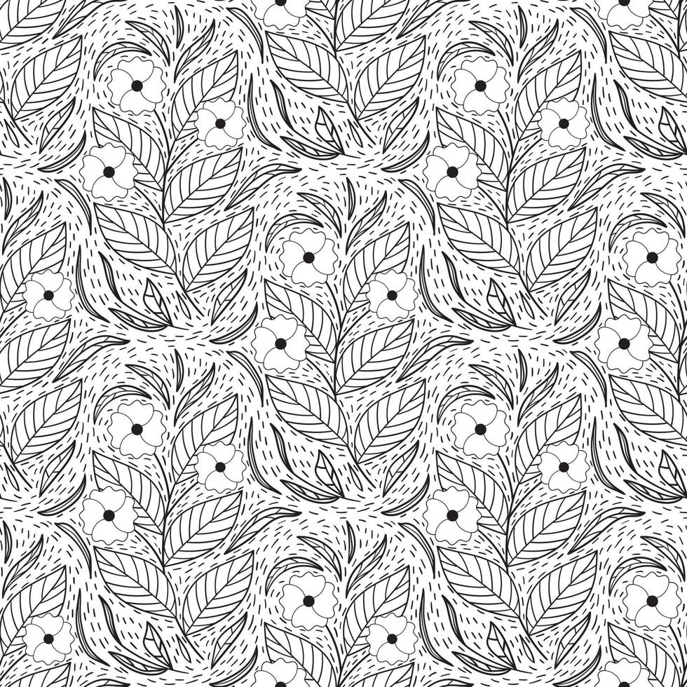 Floral seamless pattern in black and white line style with damask tile motif. Doodle flowers textile print. Vintage nature graphic. Big bloom flower with leaves vector