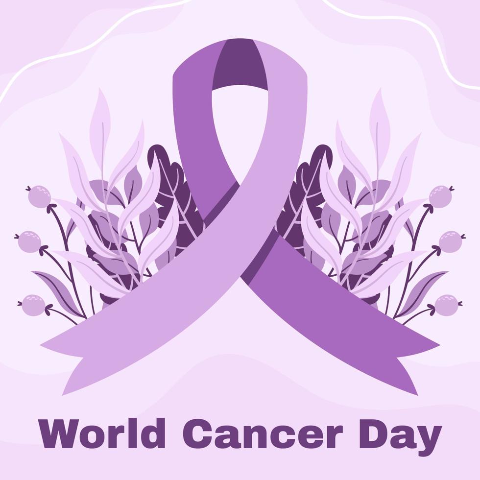 World Cancer Awareness Day February 4th. Lilac or purple ribbon symbol of cancer with botanical elements. Stop cancer campaign Health care square template for social media or website vector