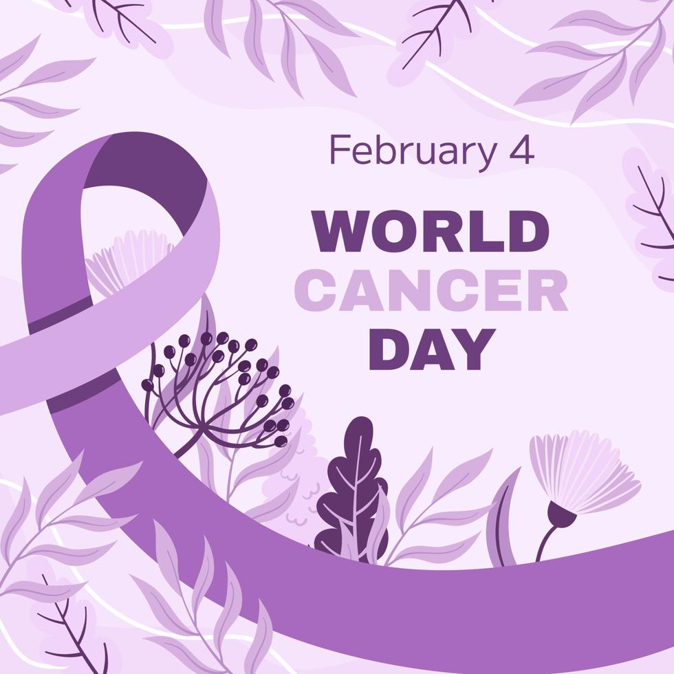 día mundial de concientización sobre el cáncer 4 de febrero. símbolo de cinta lila o púrpura de cáncer con flores. detener la campaña de cáncer plantilla cuadrada de atención médica para redes sociales o sitio web vector