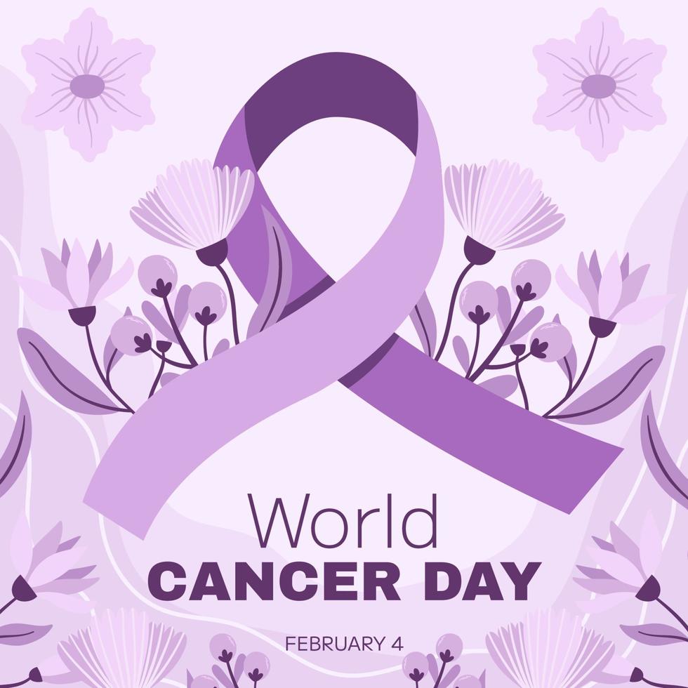 día mundial de concientización sobre el cáncer 4 de febrero. símbolo de cinta lila o púrpura de cáncer con elemento floral. detener la campaña de cáncer plantilla cuadrada de atención médica para redes sociales o sitio web vector