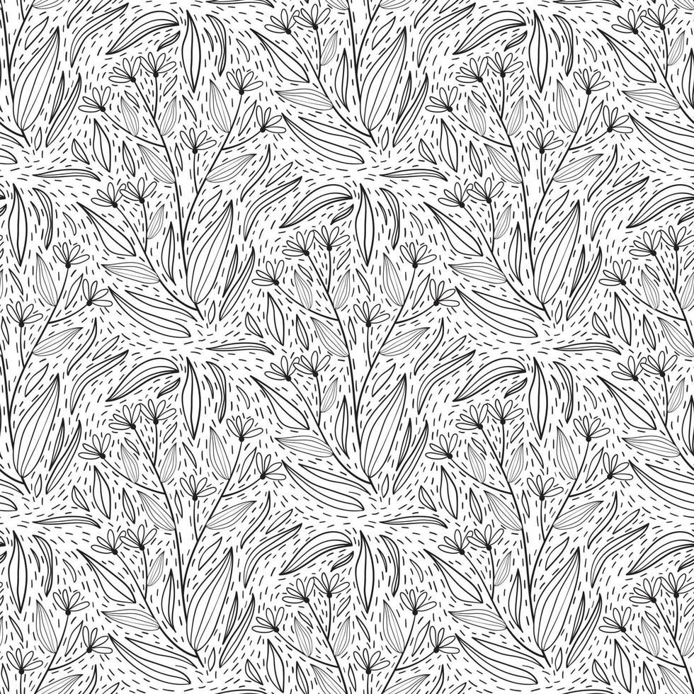 Floral seamless pattern in black and white line style with damask tile motif. Doodle flowers textile print. Vintage nature graphic. Little meadow flowers with leaves vector