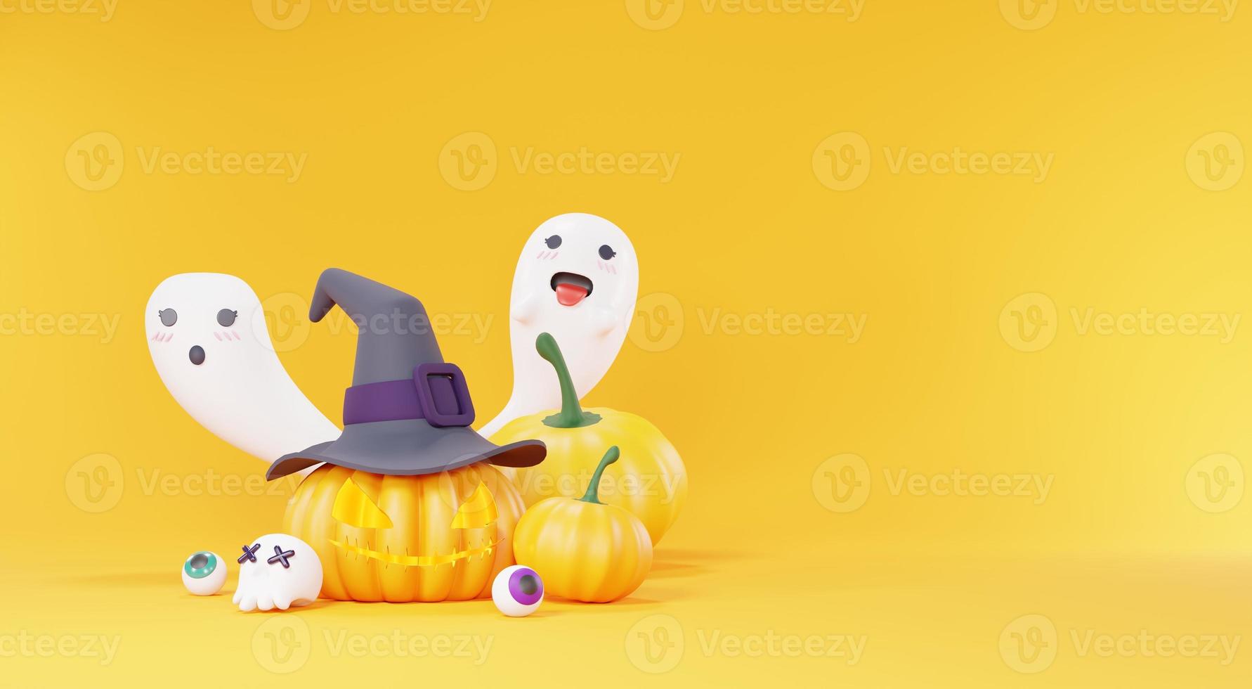 3d Render, Happy Halloween Day background with night scene and cute spooky design. Halloween pumpkins, skull, ghost and spider decorations on dark purple background. Trick or Treat party celebrate. photo