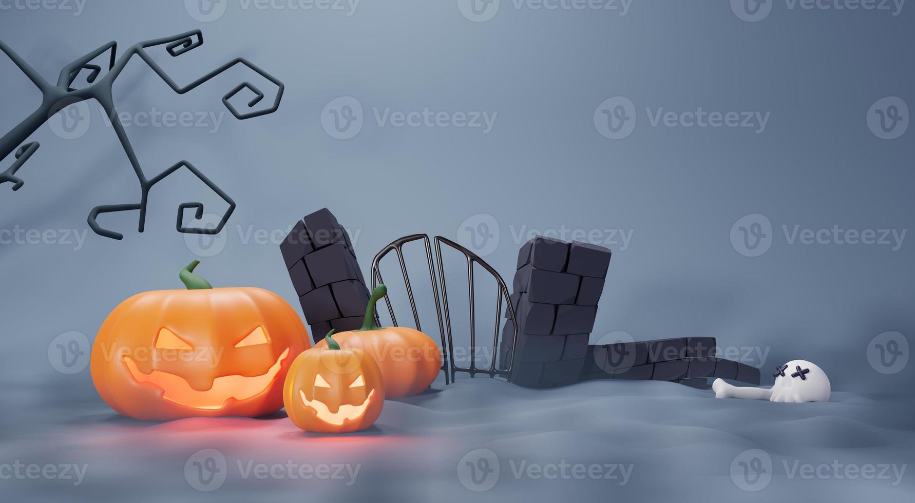 3d Render, Happy Halloween Day background with night scene and cute spooky design. Halloween pumpkins, skull, ghost and spider decorations on dark purple background. Trick or Treat party celebrate. photo