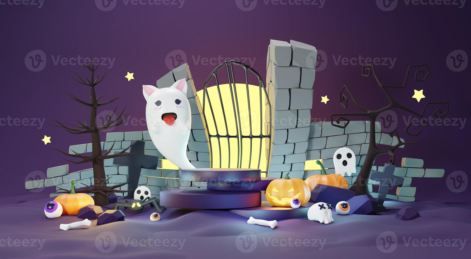 3d Render, Happy Halloween Day background with Podium stand product and night scene and cute spooky design. Halloween pumpkins, skull, ghost and spider decorations on dark purple background. photo