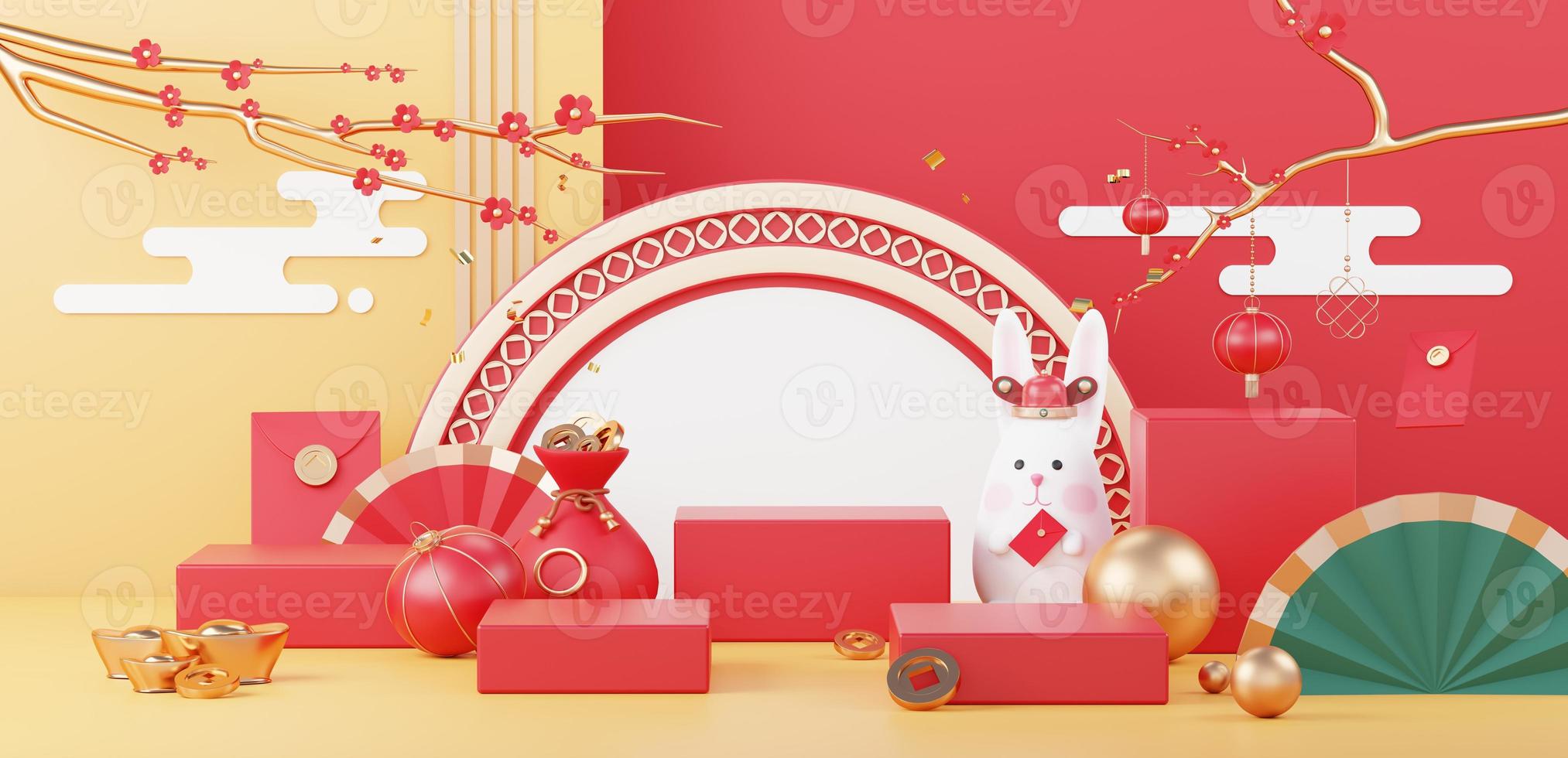 Happy Chinese new year 2023 with the year of Rabbit. Traditional Podium for showing product. Lunar new year red background decorate with Chinese texture, gold, coins, and zodiac sign. 3D render. photo