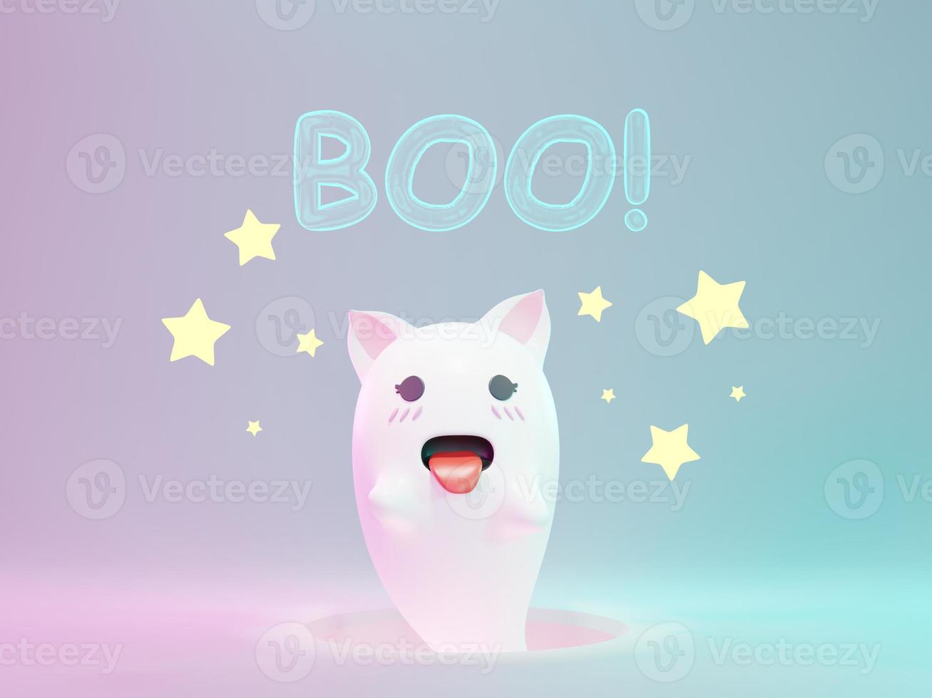 3d RenderHalloween White cute Ghost Haunt BOO with White Modern Design and neon light. Happy Halloween Day background with night scene and cute spooky design. Trick or Treat party celebrate. photo