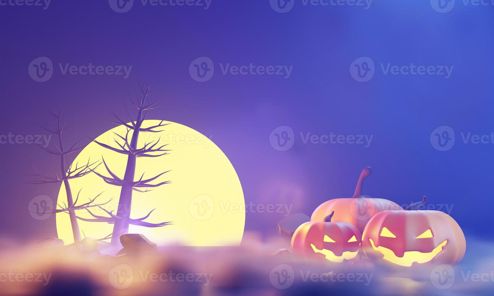 3d Render, Happy Halloween Day background with night scene and cute spooky design. Halloween pumpkins, skull, ghost and spider decorations on dark purple background. Trick or Treat party celebrate. photo