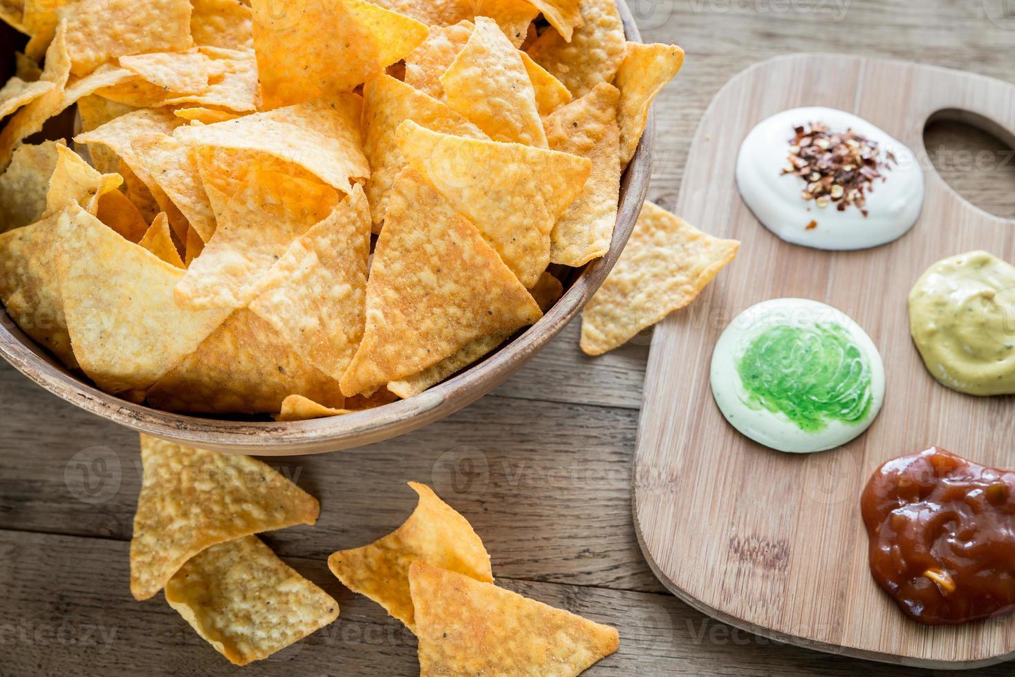 Cheese nachos with different types of sauce photo