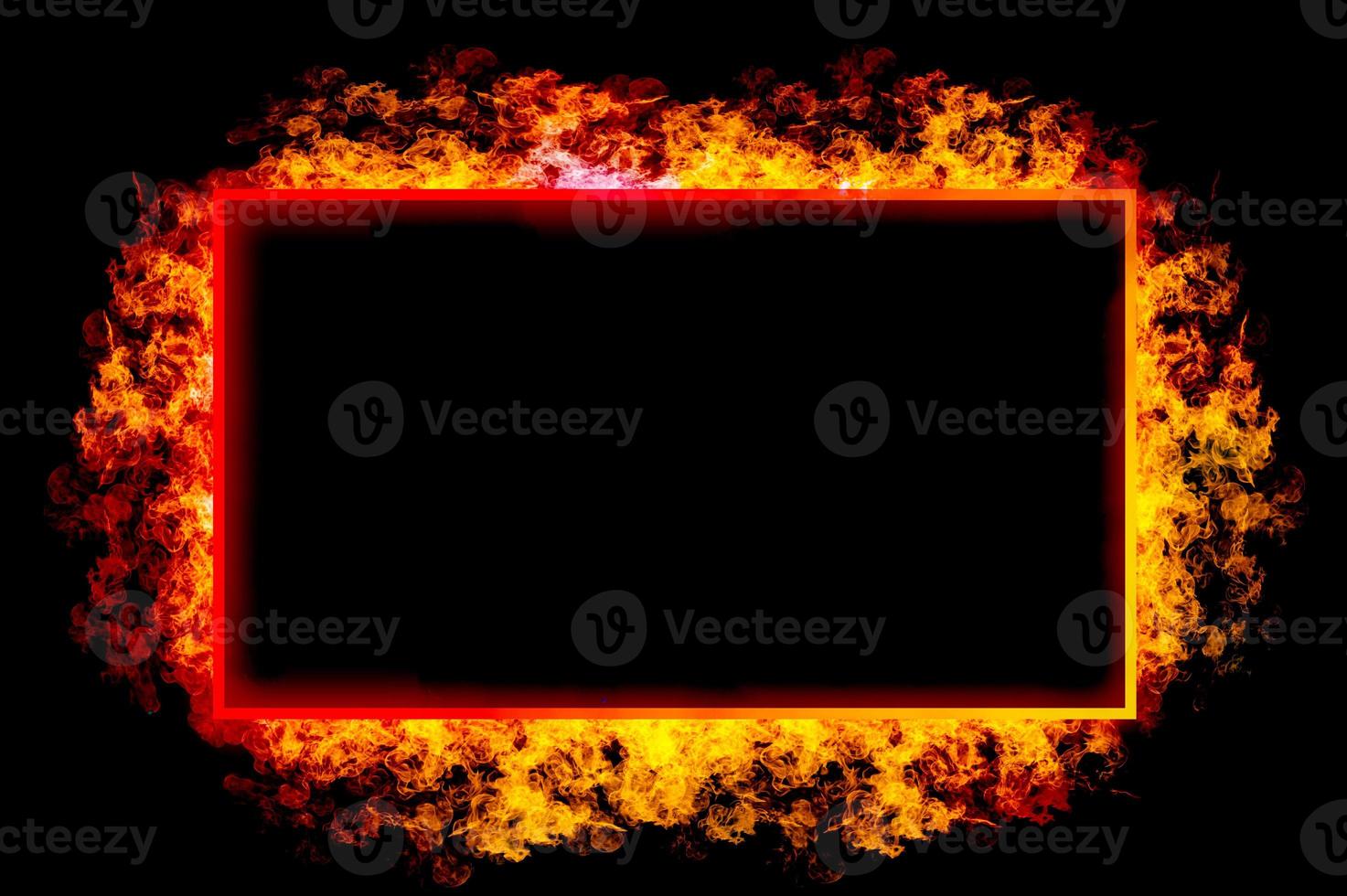 Square frame with orange flames in frame on black background. photo