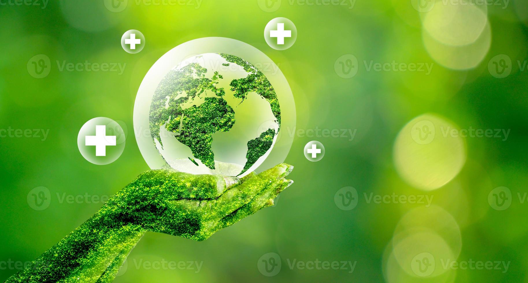 Green globe inside concept balloons protecting the environment and nature photo