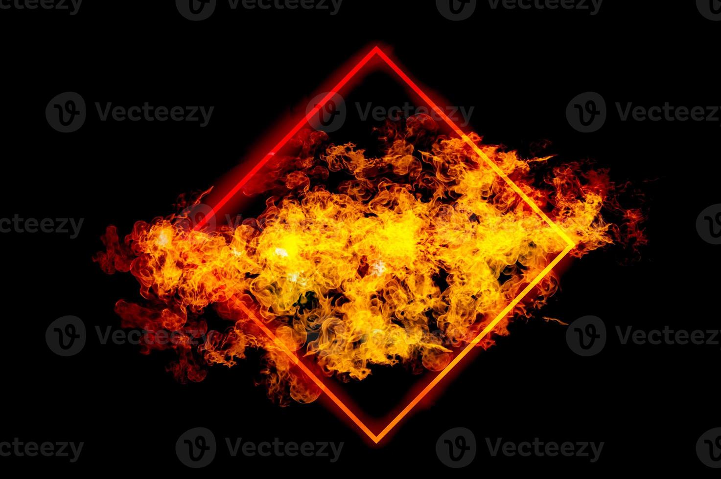 Square frame with orange flames in frame on black background. photo