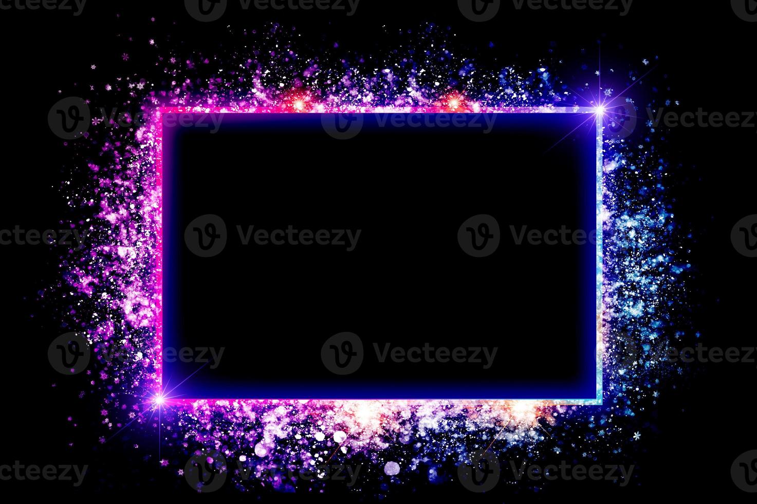 neon square frame is a neon light surrounded by sparkling stars. photo