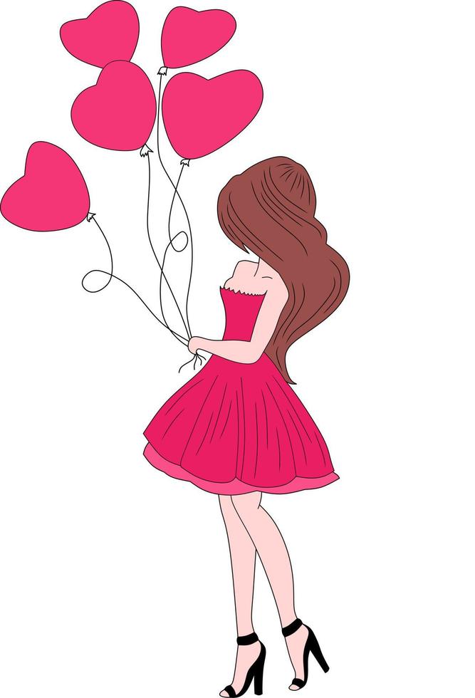 vector image of woman holding balloon, for coloring book