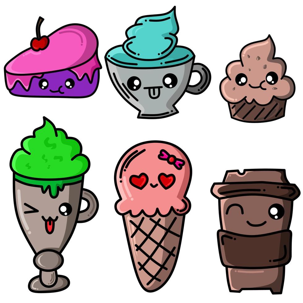 vector image of kawaii drink and cake
