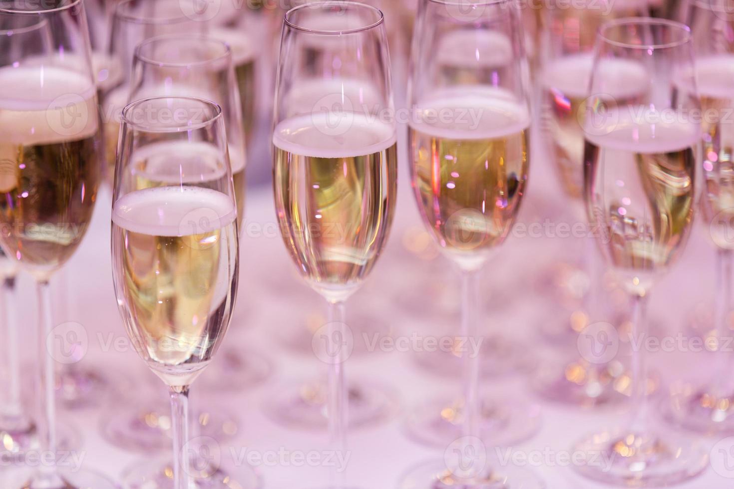 a row of glasses filled with champagne are lined up ready to be served photo