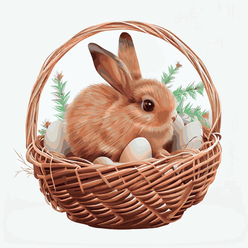 cesta festiva con lindo conejo y huevos ortodoxos de pascua sobre un fondo claro - vector