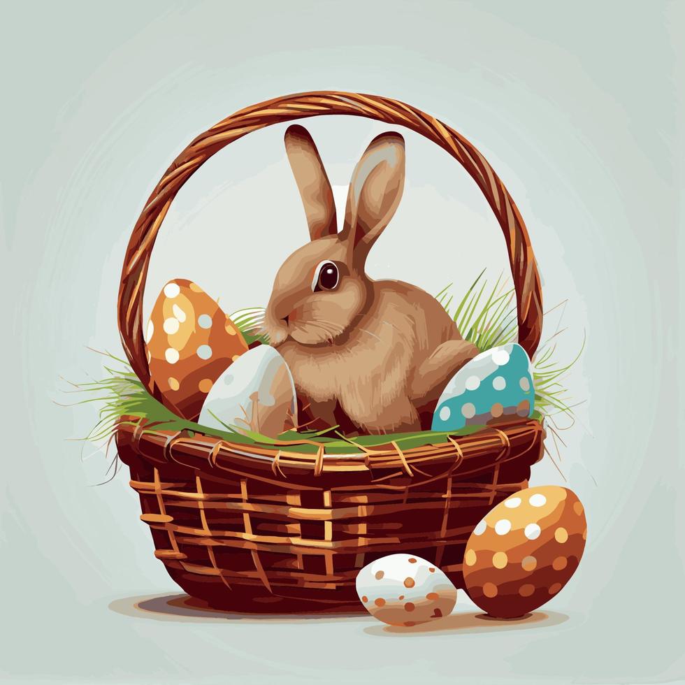 cesta festiva con lindo conejo y huevos ortodoxos de pascua sobre un fondo claro - vector