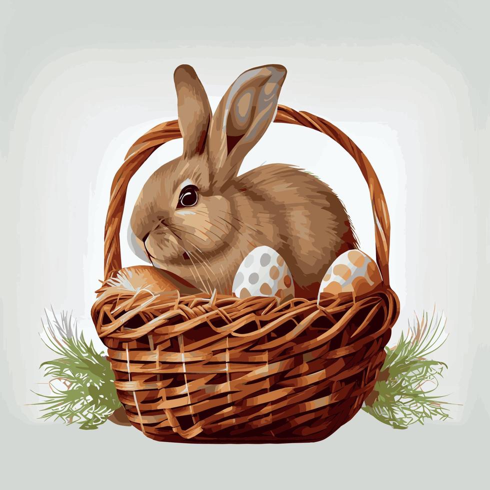 cesta festiva con lindo conejo y huevos ortodoxos de pascua sobre un fondo claro - vector