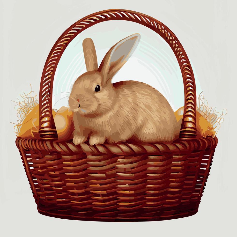 cesta festiva con lindo conejo y huevos ortodoxos de pascua sobre un fondo claro - vector