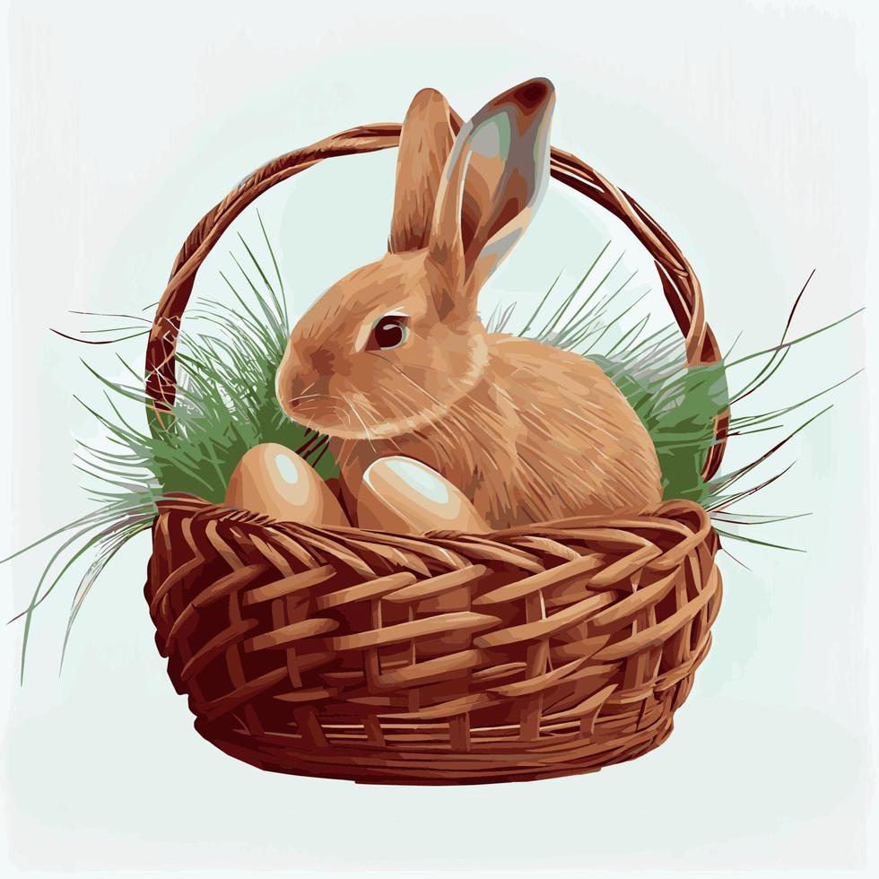 Festive basket with cute rabbit and easter orthodox eggs on a light background - Vector