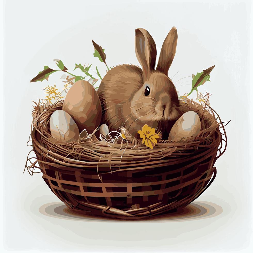 cesta festiva con lindo conejo y huevos ortodoxos de pascua sobre un fondo claro - vector