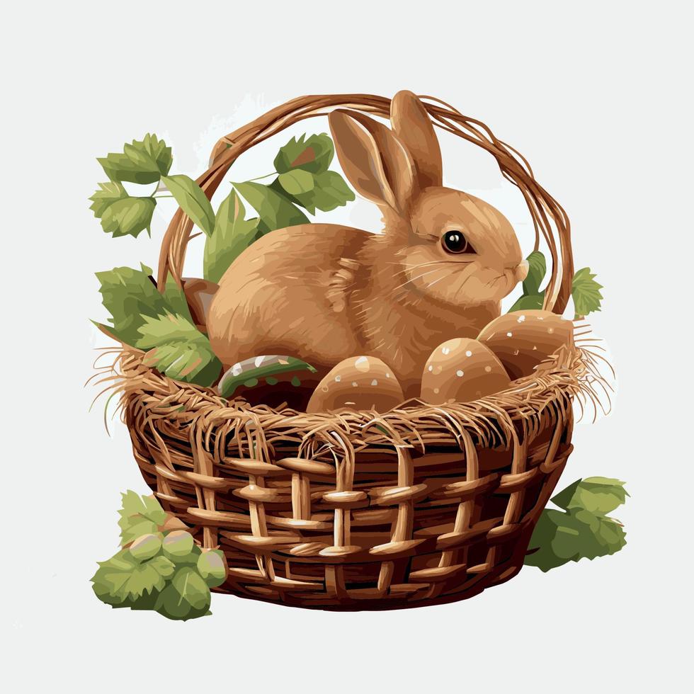 cesta festiva con lindo conejo y huevos ortodoxos de pascua sobre un fondo claro - vector