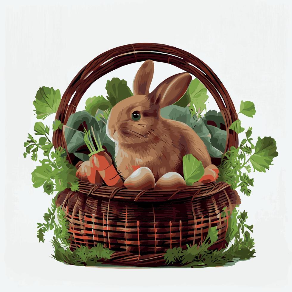 cesta festiva con lindo conejo y huevos ortodoxos de pascua sobre un fondo claro - vector