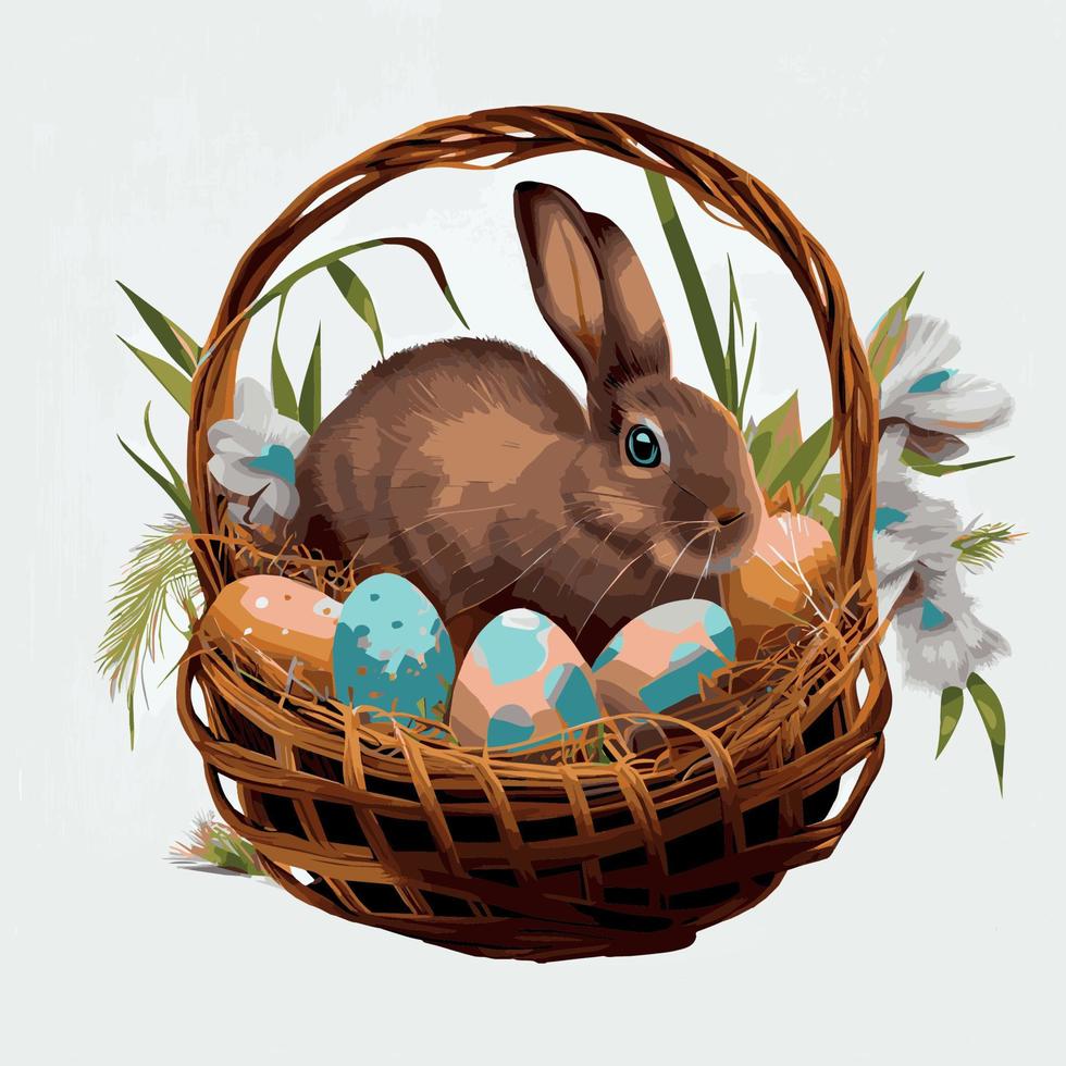 cesta festiva con lindo conejo y huevos ortodoxos de pascua sobre un fondo claro - vector