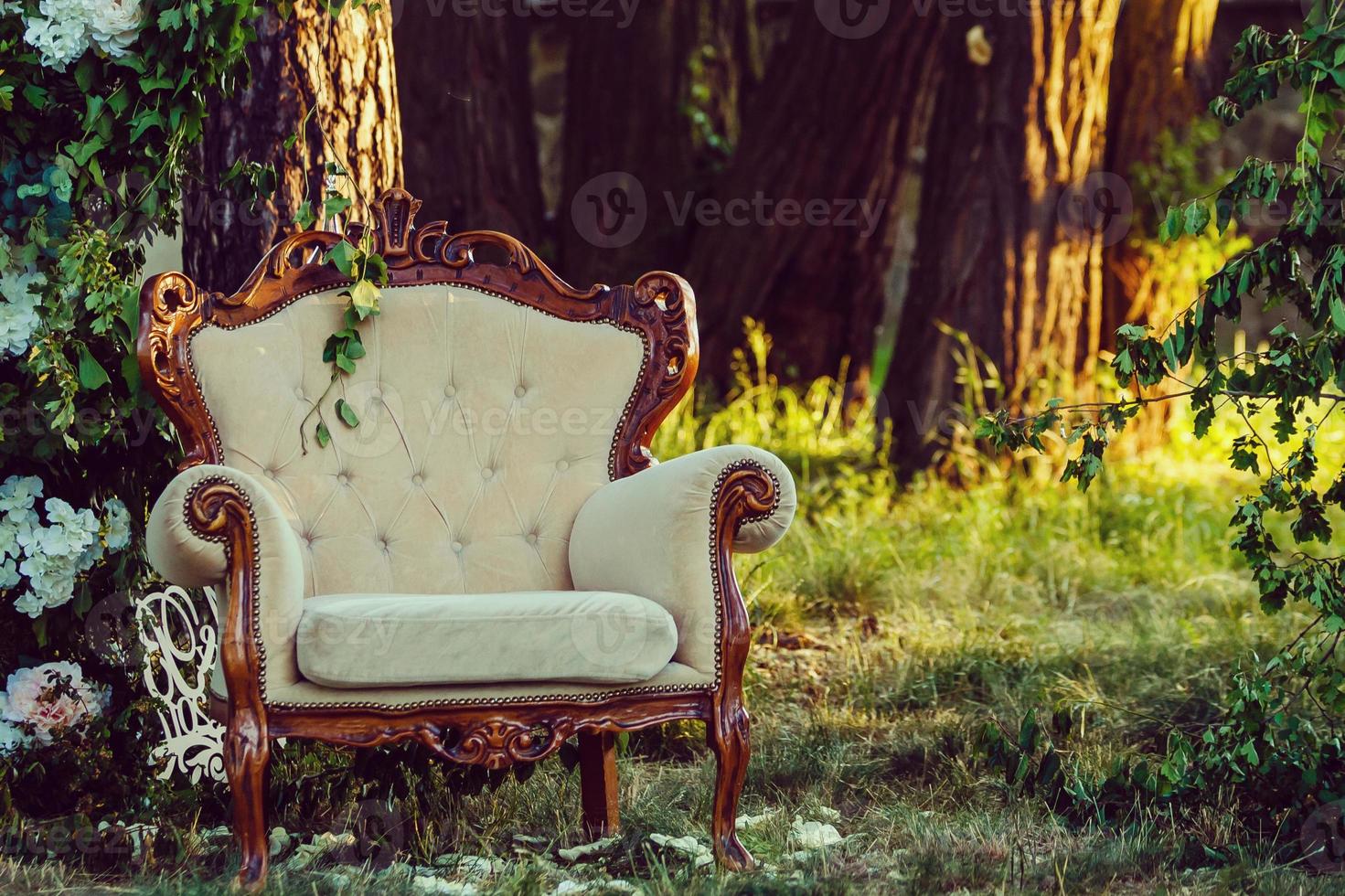 White armchair on nature background. White armchair in the garden. photo