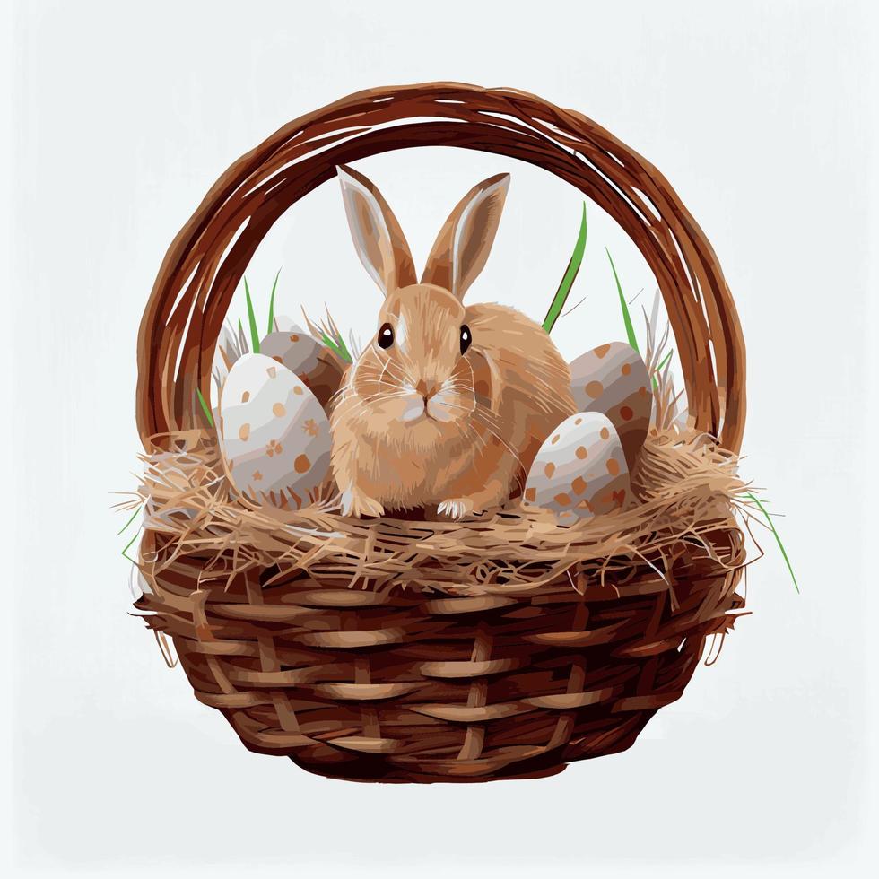 Festive basket with cute rabbit and easter orthodox eggs on a light background - Vector