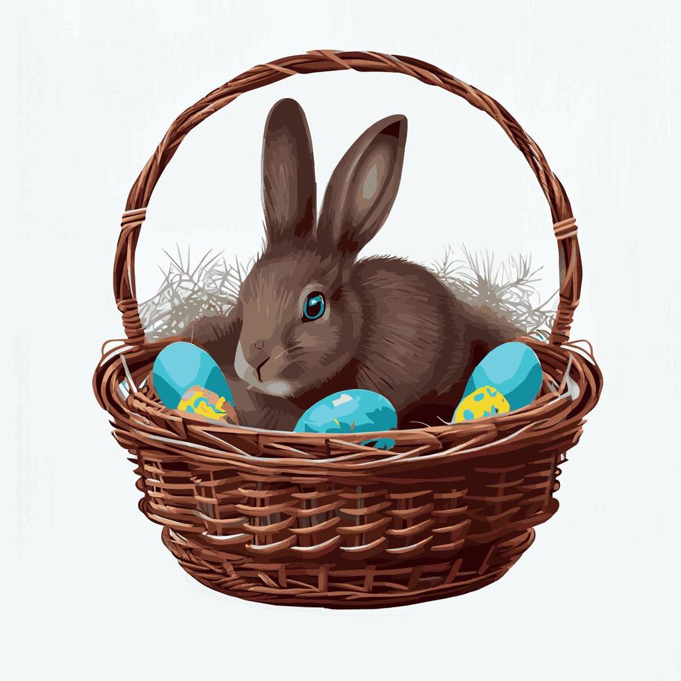 cesta festiva con lindo conejo y huevos ortodoxos de pascua sobre un fondo claro - vector