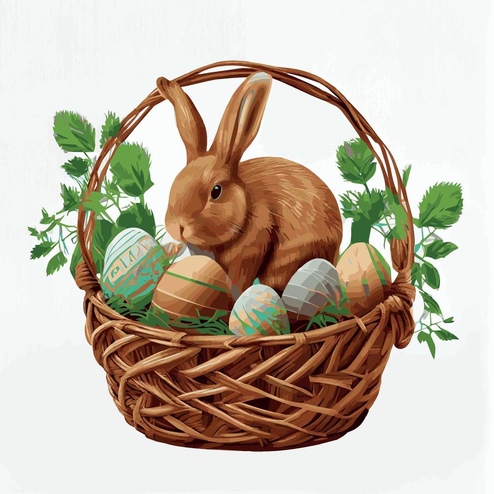 Festive basket with cute rabbit and easter orthodox eggs on a light background - Vector