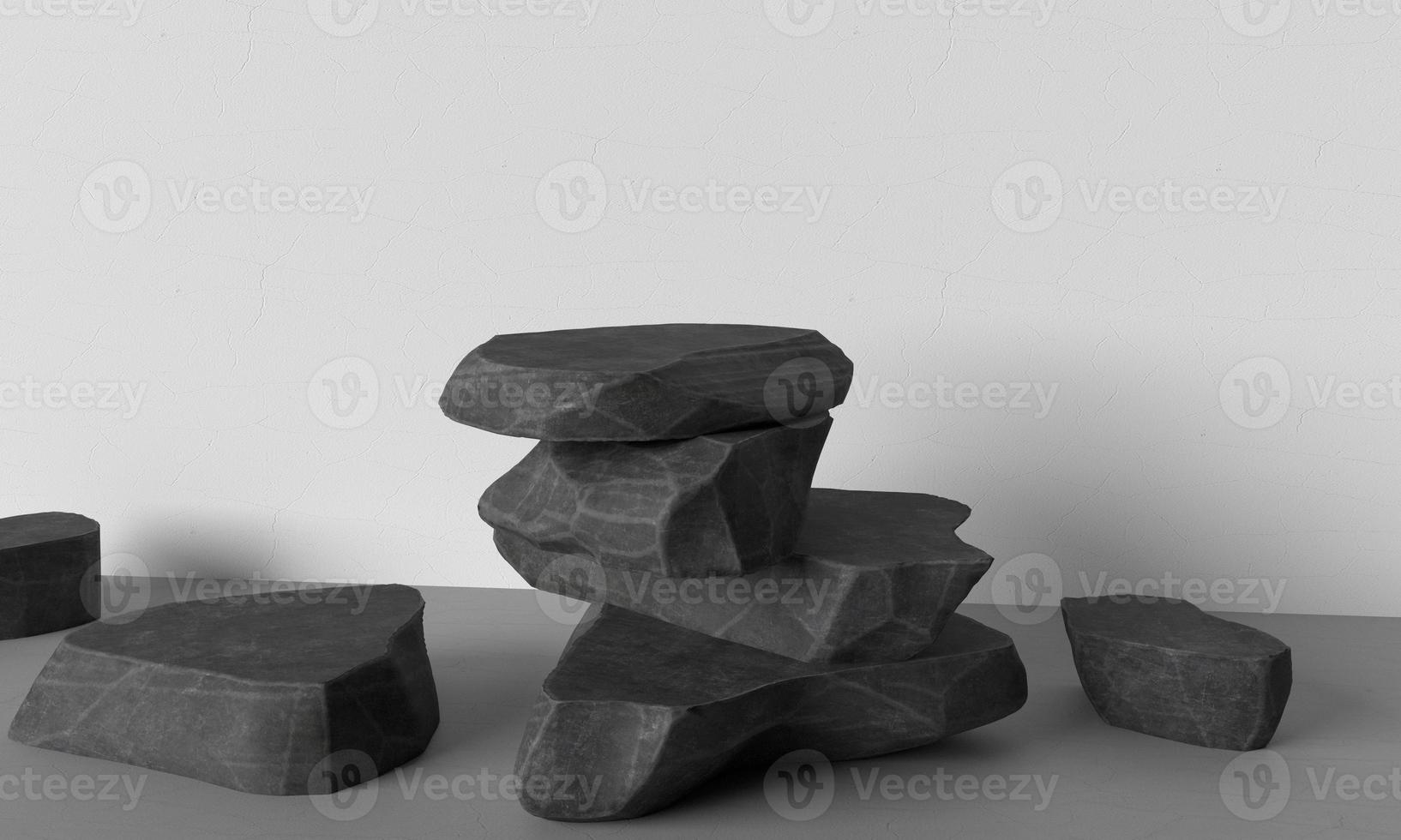 Stone rock stage stand black grey color empty mock up podium symbol decoration ornament business display spa cream cosmetic advertisement showcase natural product sale studio luxury texture.3d render photo