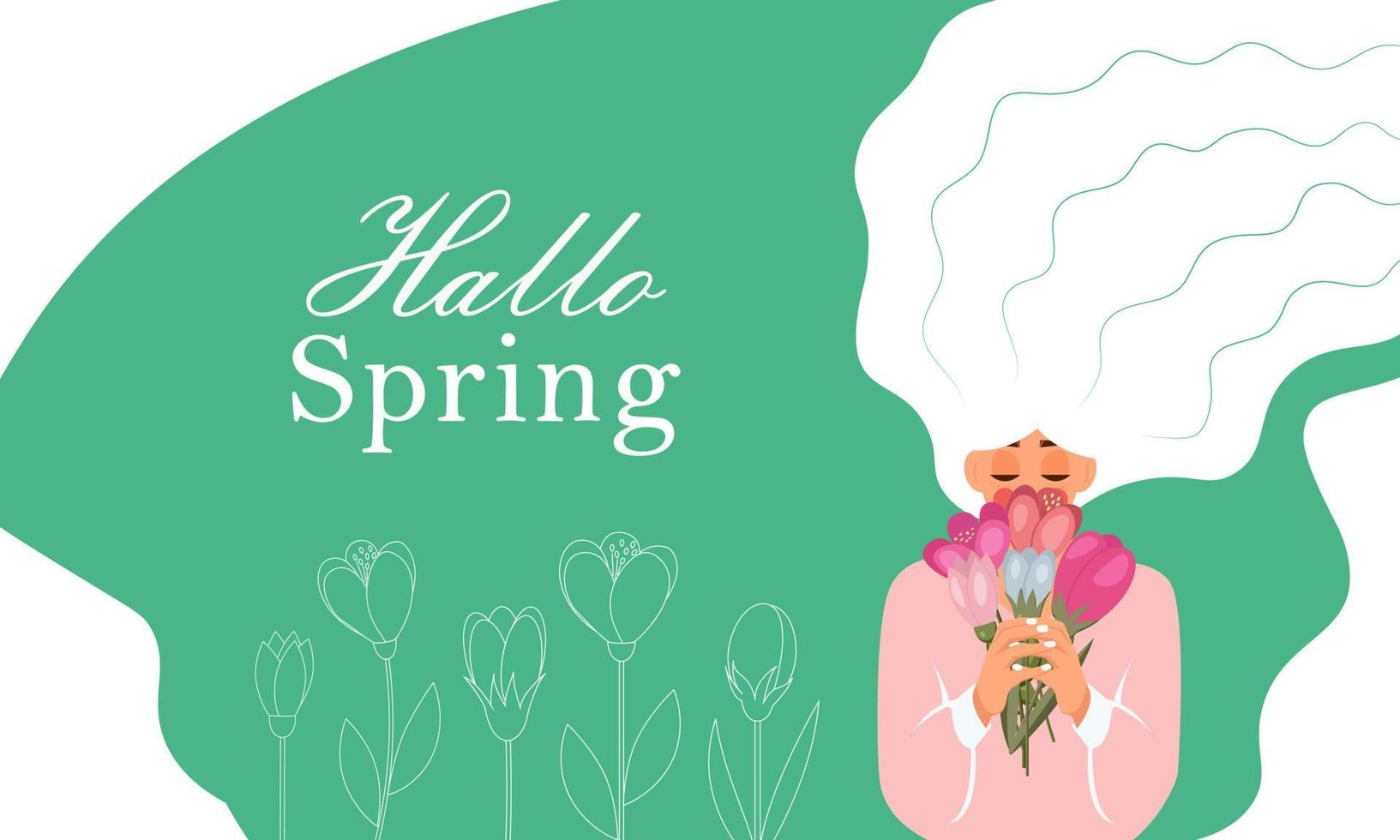 Women s day illustration. Girl with flowers. Flat style. Lattering Hallo spring . Vector EPS10