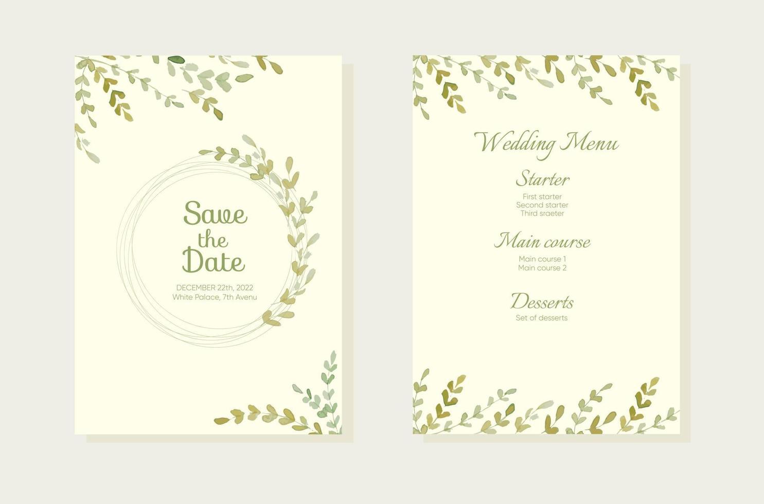 Herbal minimalistic vector frame. Hand painted branches on white background. Greenery wedding invitation. Watercolor style. Natural card design.