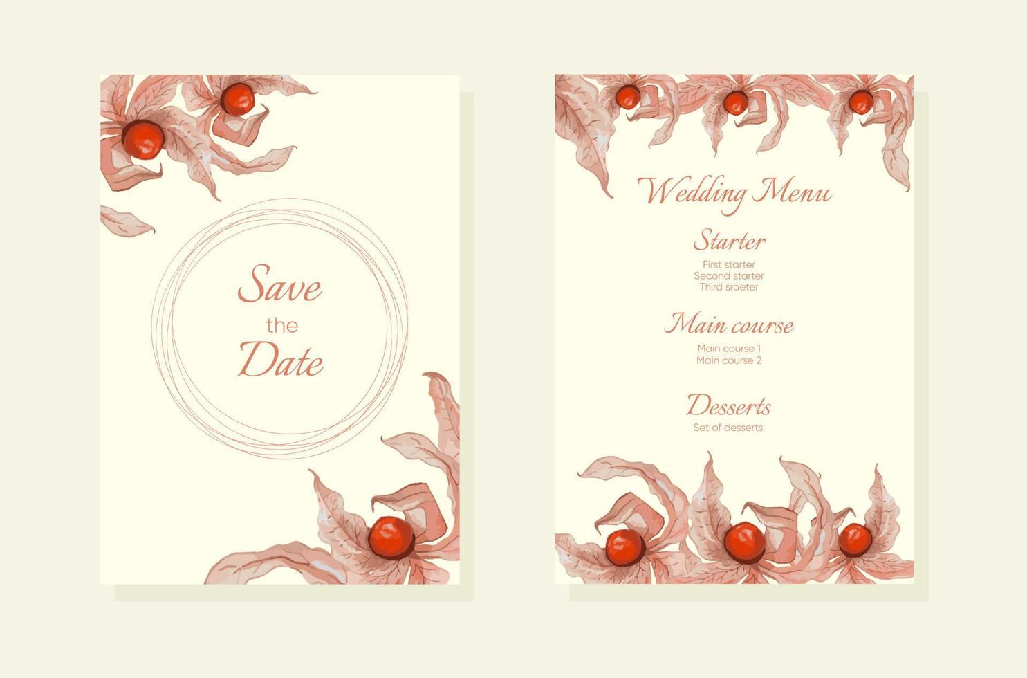 Watercolor wedding invitation with physalis. Wedding template. vector