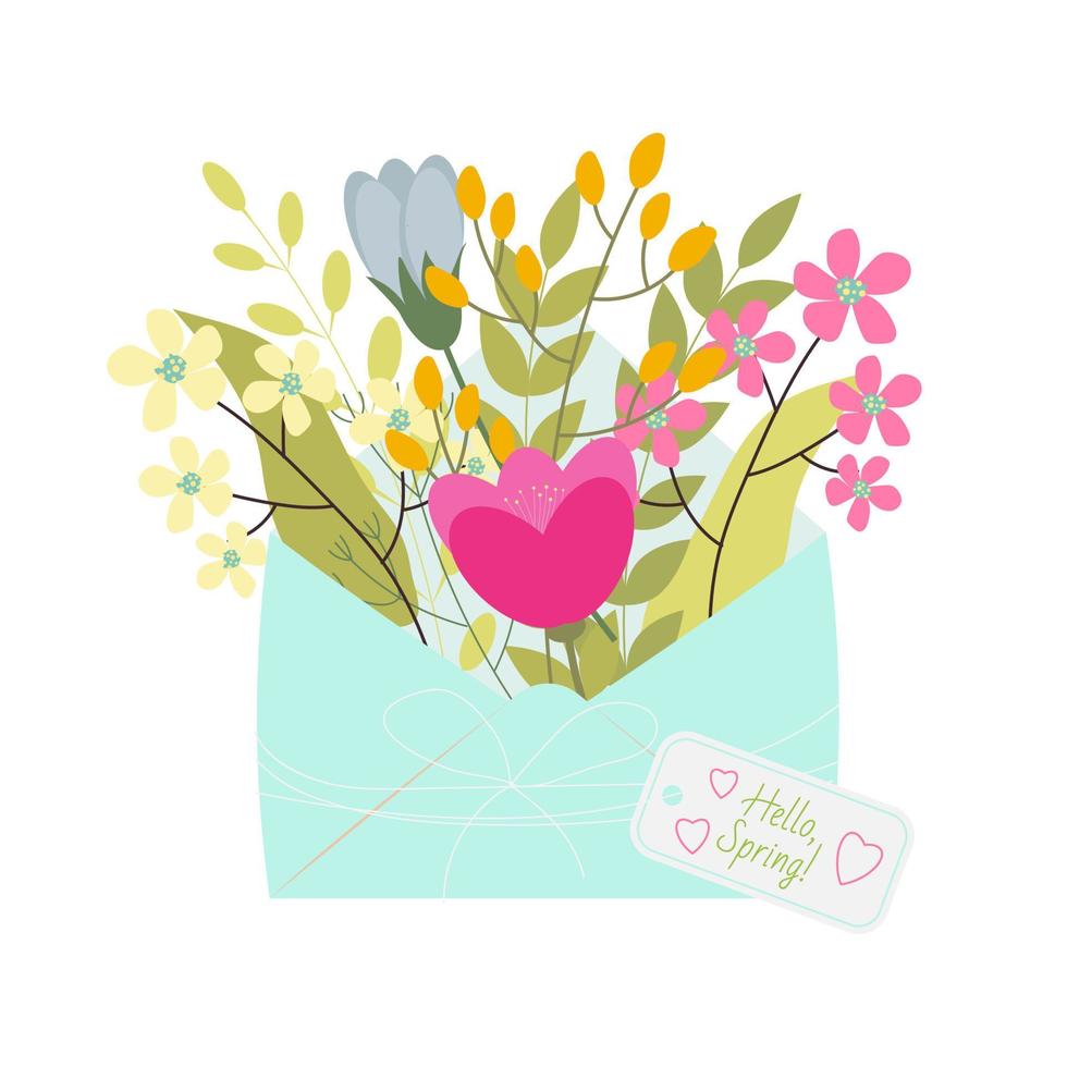 ramo de flores de primavera dentro del sobre con texto hola primavera. diseño plano. tarjeta de felicitación vectorial de moda dibujada a mano. vector