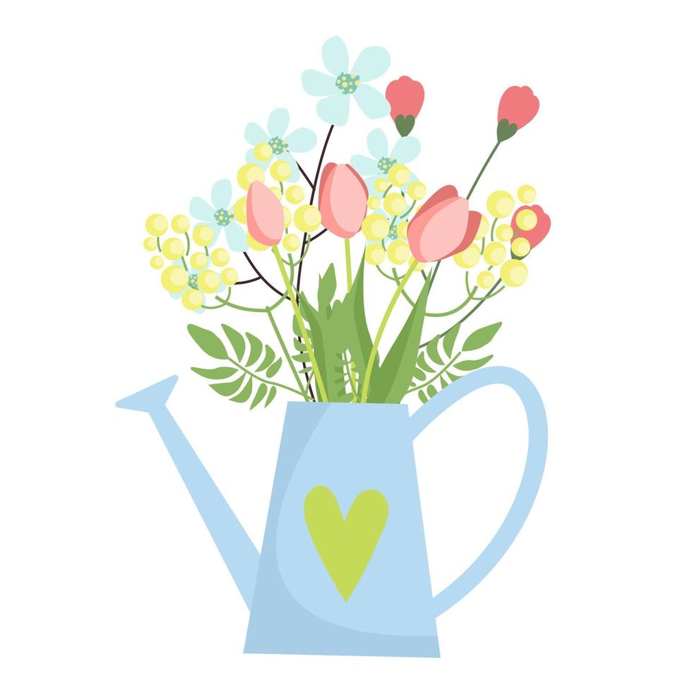 Bouquet of spring flowers inside the watering can. Flat design. Hand drawn trendy vector greeting card.