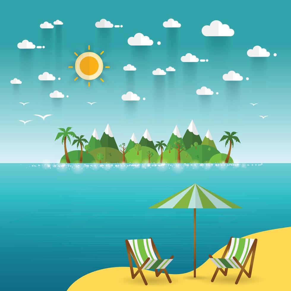 paisaje idílico de la costa del paraíso con montañas. concepto de vacaciones de campamento de verano en estilo plano vector