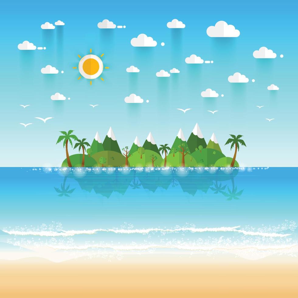 paisaje de la costa del paraíso con montañas. concepto de vacaciones de campamento de verano en estilo plano vector