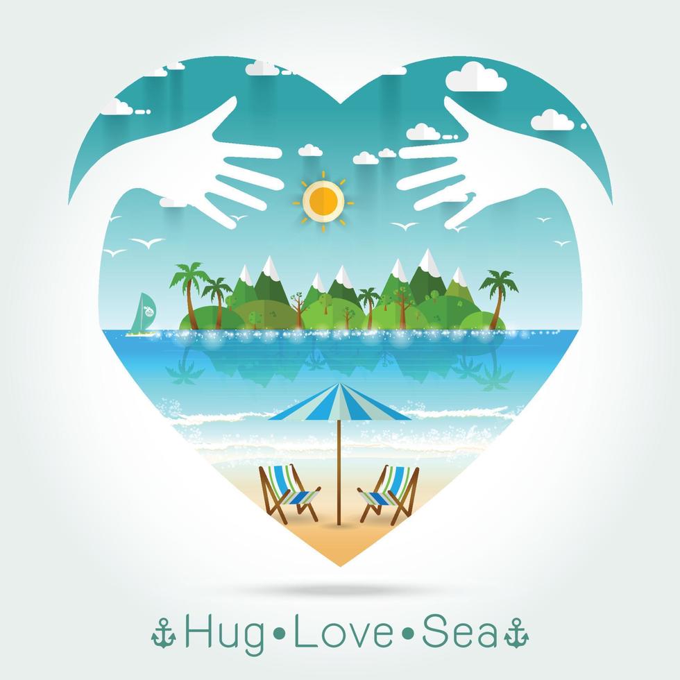 Beautiful seascape Summer in heart with hug hand concept vector